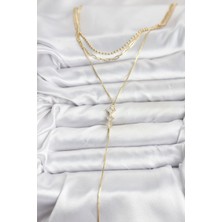 Pirinç Gold Renk Zirkon Taş Detaylı 3'lü Kombin Y Kadın Kolye - Bamido