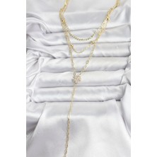 Pirinç Gold Renk Zirkon Taşlı Çiçek Model Detaylı 3'lü Kombin Y Kadın Kolye - Bamido