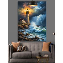 Karizma Tablo Deniz Feneri Karanlık Fırtına Dalgalar Dekoratif Kanvas - Mdf Ahşap Tablo