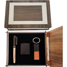 Datatek Özel Ahşap Kutulu Bakır Roller Kalem, Anahtarlık ve Çakmak Set