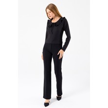 Giysa Kadın Yakalı Bağlama Detaylı Dokulu Bluz Siyah - 26116 