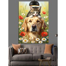 Tablomega Papatya Tarlasında Mutlu Kedi ve Köpek Dotluğu  Dekoratif Kanvas - Mdf Ahşap Tablo