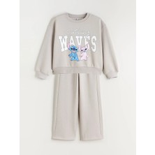 LC Waikiki Lcw Kids Gri Stitch ve Angel Baskılı Kız Çocuk Sweatshirt ve Eşofman Alt