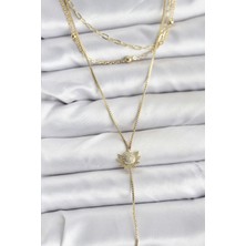 Skygo Pirinç Gold Renk Zirkon Taşlı Güneş Model Detaylı 3'lü Kombin Y Kadın Kolye - TJ-BKO10698