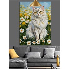 Tablomega Kabarık Beyaz Kedi Papatya Tarlasında Sevimli Dekoratif Kanvas - Mdf Ahşap Tablo