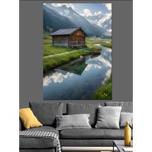 Tablomega Sisli Yeşil Kır Evi Dekoratif Kanvas - Mdf Ahşap Tablo