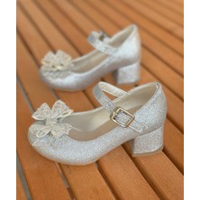 Surpie Shoes Kısa Topuklu Çocuk Abiye Ayakkabı Gümüş Simli Kız Çocuk İçin Şık Tasarım