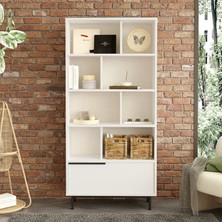 Bohem Kitaplık Raf Metal Ayaklı 176CM Kapaklı Beyaz Boh4-W