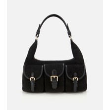 Hotiç Kadın Süet Deri Siyah Cepli Tokalı Omuz Çantası