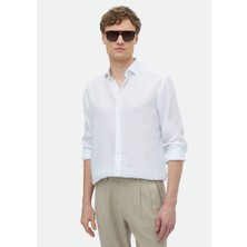 Ramsey Beyaz Düz Casual Fit Dokuma Casual %100 Keten Gömlek