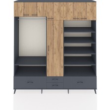 Dienni Hyperion Dolap 18 Raflı 4 Çekmeceli Tek Askılı 220X44X243 Antrasit-Çam/antrasit