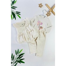 Miniğimin Cicileri Jakarlı Fiyonk Detaylı Şişme Yelekli Kız Bebek 3 lü takım - Krem