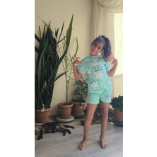 Şimo Butik Kız Çocuk Şortlu Takım Yıldızlı Somon, Yeşil, Lila