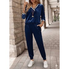 Aisha Elbise Kadın Uzun Kollu V Yaka Kadife Bluz ve Pantolon Ikili Takım