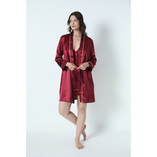 Alissa Kadın Bordo Saten Çeyiz Seti 6 Parça Beyaz Biyeli Sabahlık Gecelik Pijama Şortlu Takım 8630