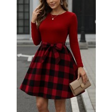 Aisha Elbise Kadın Uzun Kollu Bisiklet Yaka Üst Viskon Alt Ekose Kısa Elbise