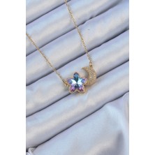 MCM Group 316L Çelik Zincir Altın Renk Ay Tasarımlı Renkli Zirkon Taşlı Çiçek Kolye - Lisinya