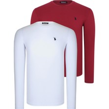 Ikili Set T8588 Dewberry Yuvarlak Yaka Erkek Sweatshırt-Beyaz-Bordo