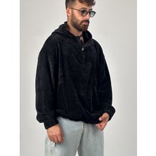 Cocopelli Kadife Dokulu Siyah Oversize Kapüşonlu Erkek Sweatshirt