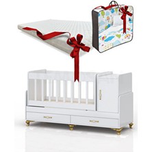 Temosan Mobilya Anne Yanı, Sallanır, Büyüyen Bebek Beşiği, Mavi Uyku Setli Kapaklı, Çekmeceli 60 x 120