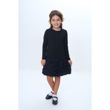 Toontoy Kız Çocuk Yaka Fırfır Etek 3D Güllü Elbise