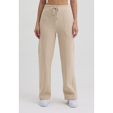 Mezka Kadın Yüksek Bel Nervürlü Kışlık Polarlı Paça Dikişli Bol Paça Eşofman Altı Bej