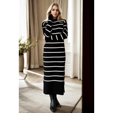 Z3059 Dewberry Womens Striped Long Sleeve Knitwear Dress-Siyah