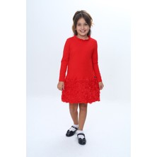 Toontoy Kız Çocuk Yaka Fırfır Etek 3D Güllü Elbise