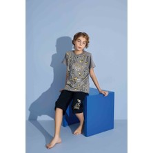 Tarık Erkek Çocuk Kaplan T-Shirt Bermuda Alt Penye Süprem Bisiklet Yaka Orta Kalın Pijama TAKIMI-3975
