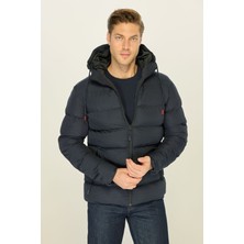 Erkek Lacivert Kalın Astarlı Rüzgar Geçirmez Spor Kışlık Şişme Mont