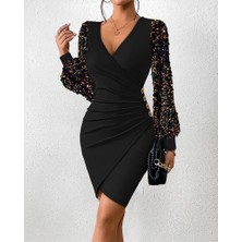 Aisha Elbise Kadın Uzun Kollu Pul Payetli Kruvaze Yaka Yandan Düğmeli Kısa Ithal Krep Elbise