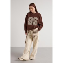 Minaaise Nakışlı 3 Iplik Şardonlu Sweatshirt Kahve