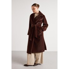 Minaaise Pelüş Astarlı Uzun Kemer Detaylı Kaban Kahve