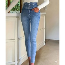 Evyora Kadın Yüksek Bel Önden Düğmeli Cepli Dar Kesim Detaylı Kot Pantolon