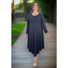 YAĞMURBEREN Yagmur Beren  Asimetrik Kesim Interlok Viskon Kumaş Büyük Beden Çan Kesim Kadın Elbise