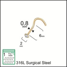 Aida Jewelss 327 L Cerrahi Çelik Hızma  Tek Taş Zirkon 2mm x 6mm x 0.8mm Altın Hızma Piercing