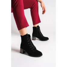 Joy Ayakkabı Dıana Bağcıklı Fermuarlı Ortopedik Taban Topuklu Süet Kadın Bot  Sst - Siyah