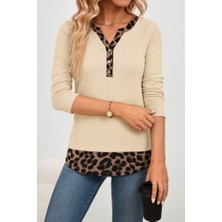 Arben Boutique Kadın Uzun Kollu Yakadan Düğmeli Leopar Detaylı Kaşkorse Bluz