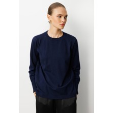 Mizalle Kol Düğmeli Lacivert Yuvarlak Yaka Ince Triko Kazak