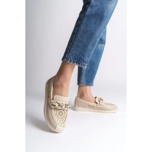 Joy Ayakkabı Layla Bağcıksız Ortopedik Rahat Taban Çiçek Desenli Kadın Babet Ayakkabı Ckt - Krem