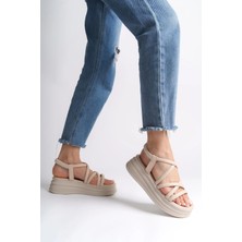 Joy Ayakkabı Bella Lastikli Şerit Detaylı Ortopedik Taban Kadın Sandalet Ckt - Krem