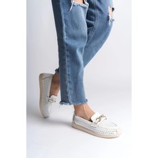 Joy Ayakkabı Lıly Bağcıksız Ortopedik Rahat Taban Kalp Desenli Kadın Babet Ayakkabı  Ckt - Beyaz