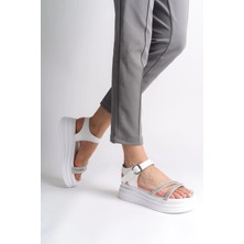 Joy Ayakkabı Zlohe Kalın Tokalı Taşlı Şeritli Ortopedik Taban Kadın Sandalet Cbt - Beyaz