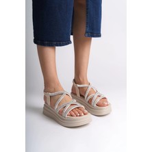 Joy Ayakkabı Elena Lastikli Taşlı Şeritli Ortopedik Taban Kadın Sandalet  Ckt - Krem