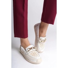 Joy Ayakkabı Layla Bağcıksız Ortopedik Rahat Taban Çiçek Desenli Kadın Babet Ayakkabı  Ckt - Beyaz