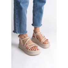 Joy Ayakkabı Natalıe Ince Tokalı Şerit Detaylı Ortopedik Taban Kadın Sandalet  Ckt - Krem