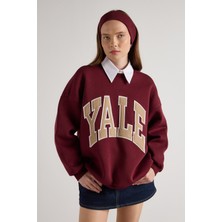 Minaaise Nakışlı 3 İplik Şardonlu Oversize Sweatshirt Bordo