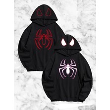 Etiler Collection Örümcek Baskılı Sevgili Çift Kombini Kapüşonlu Sweatshirt - Hodie - Siyah