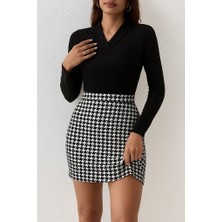 Arben Boutique Kadın Uzun Kollu V Yakalı Kaz Ayağı Desenli Şardonlu Dalgıç Elbise