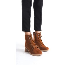 Joy Ayakkabı Lena Bağcıklı Fermuarlı Ortopedik Taban Topuklu Süet Kadın Bot Stt - Taba